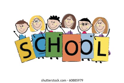 School Illustration with kids holding cartoons