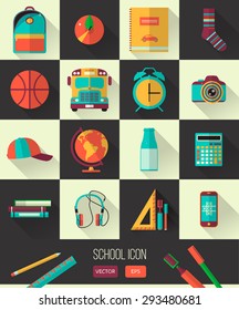 School illustration on line notebook paper. Vector education set of school icons. Flat style, long shadows. High school object college items. Back to school card with teenager objects in circle form.
