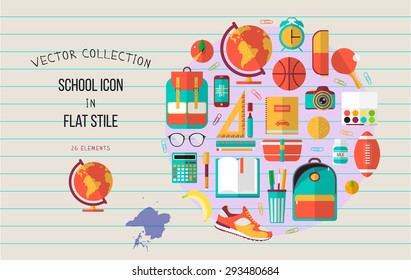 School illustration on line notebook paper. Vector education set of school icons. Flat style. High school object college items. Back to school card with teenager things for sketchbook, diary