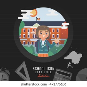 School illustration on line notebook paper background. Vector education icon of school facade in flat style. College backdrop. Back to school creative card with girl teen in uniform.