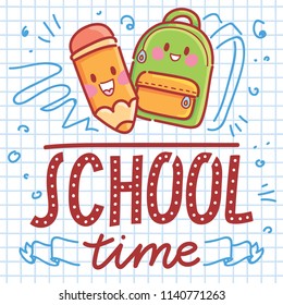 School illustration with Pencil and Backpack characters and lettering with doodles on page background. School time. Vector cartoon art in hand drawn style
