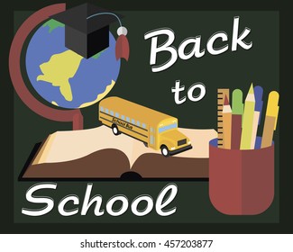 School illustration. Postcard with a globe, a school bus, and an open book