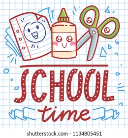 School illustration with Scissors, Paper, Glue characters and lettering with doodles on page background. School time. Vector cartoon art in hand drawn style
