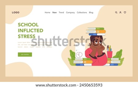School inflicted stress web or landing. Despondent student burdened with towering books and a failed test, showing academic pressure. Mental distress and school pressure. Flat vector illustration
