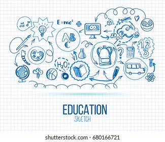 School infographic. Vector illustration of school supplies and subjects interaction. Sketch design concept for web and mobile services. Icons for online education, learning infographics, web banners