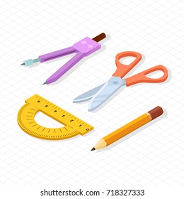School instruments like paper scissors, pencil, protractor and compass. Background of vector illustration with school supplies is white