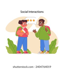 School interactions concept. Two diverse students animatedly discussing, sharing thoughts while walking with backpacks. Connection and friendship beyond classrooms. Flat vector illustration