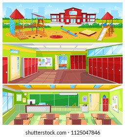 School interior and outdoor yard colorful banner, vector illustration of light classroom and huge hall with cupboards, spacious garden with swings