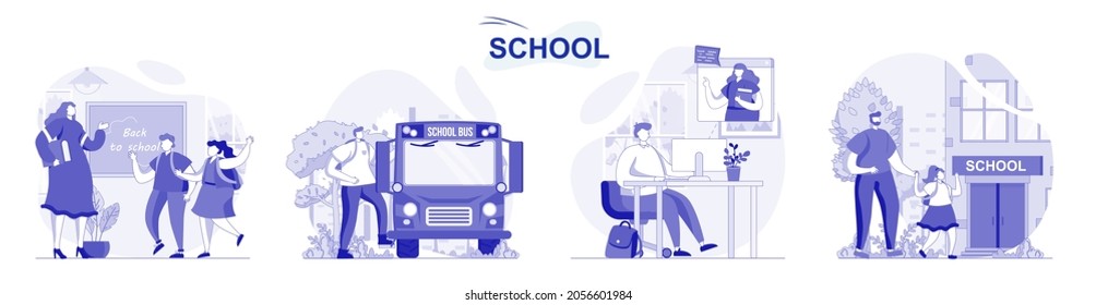 School isolated set in flat design. People get education, pupils and students learning at lessons collection of scenes. Vector illustration for blogging, website, mobile app, promotional materials.