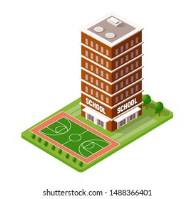 School isometric building study education urban infrastructure for conceptual design vector illustration with houses and streets.