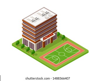 School isometric building study education urban infrastructure for conceptual design vector illustration with houses and streets.