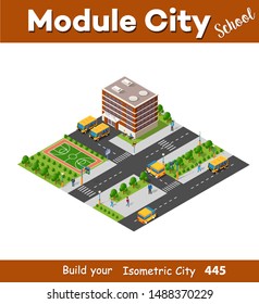 School isometric building study education urban infrastructure for conceptual design vector illustration with houses and streets.