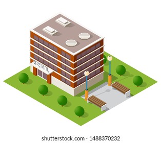 School isometric building study education urban infrastructure for conceptual design vector illustration with houses and streets.