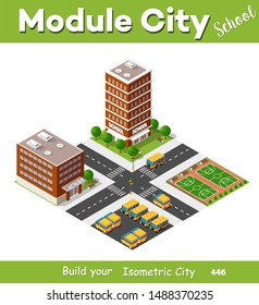 School isometric building study education urban infrastructure for conceptual design vector illustration with houses and streets.