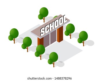 School isometric building study education urban infrastructure for conceptual design vector illustration with houses and streets.