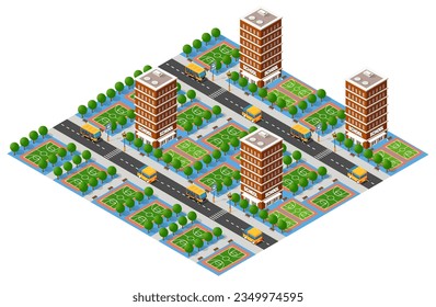 School isometric building study education urban infrastructure for conceptual design vector illustration with houses and streets.