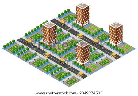 School isometric building study education urban infrastructure for conceptual design vector illustration with houses and streets.