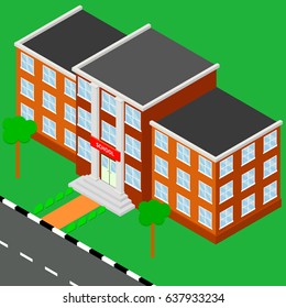 School isometric. Building Isometric View Urban Education Architecture Modern Exterior Facade for Web. A vector illustration of Isometric