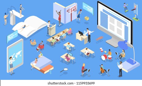 School isometric concept. Children study and get education and knowledge. Isolated isometric vector illustration