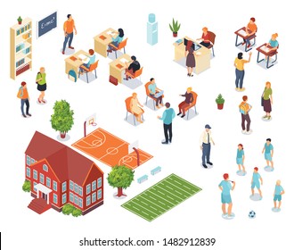 School isometric set of sports ground schoolhouse teacher and pupil characters isolated vector illustration