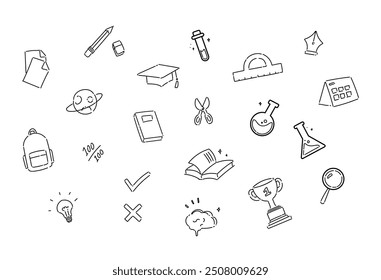 School item cute doodle style illustration set for kid and students