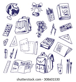 school items and accessories hand-drawn sheet in a cage, notebook, backpack, bell, flowers, paint, brushes, globe, book