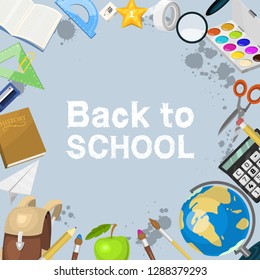 School items background vector illustration. Supplies for studying, globe, scissor copybook pencil rubber calculator bell clip magnifier, magnet banner or poster. Back to School.