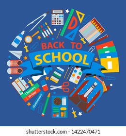 School items background vector illustration. Supplies for studying, globe, scissor copybook pencil rubber calculator bell clip magnifier, magnet banner or poster. Back to School.