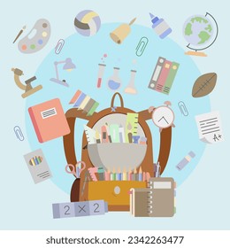 School items in a backpack. School icons. Everything you need for school. EPS 10.