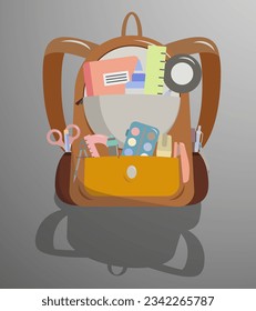 School items in a backpack. School icons. Everything you need for school. EPS 10.