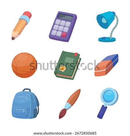 School items. Books students supplies tools backpack notes exact vector stationary set