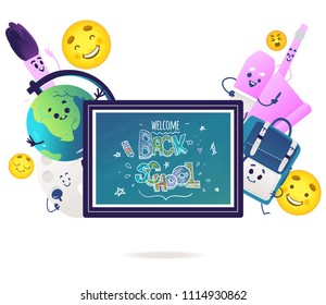School items cartoon characters with cute smiling faces around blue blackboard with chalk sign for back to school concept isolated on white background. Vector illustration.