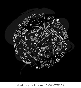 School items in circle shape. Black background. For t-shirt, workbook, sticker, print, banner, poster, flyer. Apparel, bag, backpack design