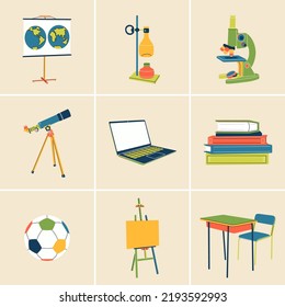 Сollection of school items in colorful flat line style. Trendy modern learning, education, abstract. Microscope, telescope, ball, easel, books, equipment, map, bus, laptop, briefcase, desk, lockers.