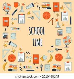Artículos escolares para la educación en el estilo dibujado a mano. Ilustración de material vectorial