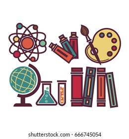 School items and equipments set vector poster in graphic design