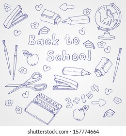 School items, freehand drawing . Back to School. Vector illustration. Set
