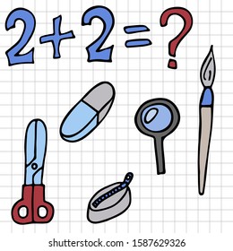 school items. magnifier, eraser, pencil case, scissors, 2. cartoon doodle stock vector illustration