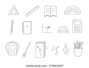 School items notebook pen ruler backpack textbook paint calculator. Vector illustration icon. Concept education of Back to school.