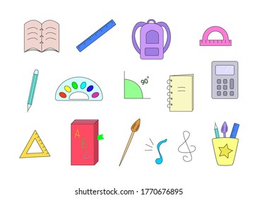 School items notebook pen ruler backpack textbook paint calculator. Color Vector illustration. Concept education of Back to school.