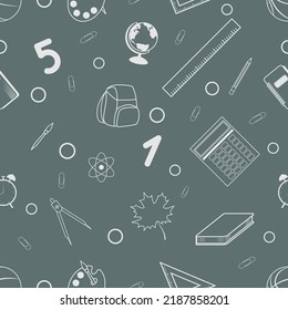 School items on the blackboard. Seamless pattern. Vector illustration.