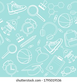 School items in one line on a blue background seamless pattern