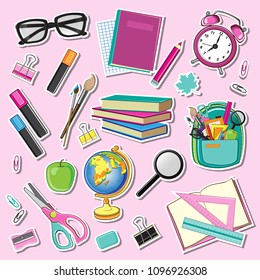 School items patch. Alarm clock, apple, glasses, backpack on a pink background
