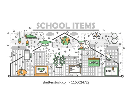 School items poster banner template. Vector thin line art flat style design elements, icons for website banners and printed materials.