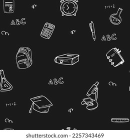 School items seamless pattern on dark background. Back to school