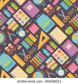 School items seamless pattern on dark background. Back to school