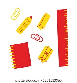 Los artículos escolares establecen la ilustración del doodle. Volviendo al concepto escolar con libros y suministros.