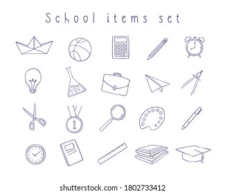 School items set. Hand drawn vector illustration.