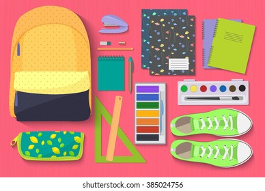 School Items set on bright background. Learn and Study concept vector illustration.