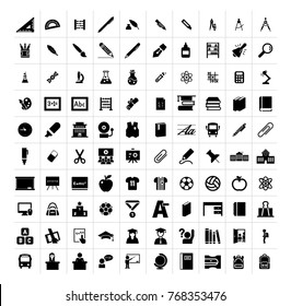 School items, stationary, lab equipment isolated flat vector icon set